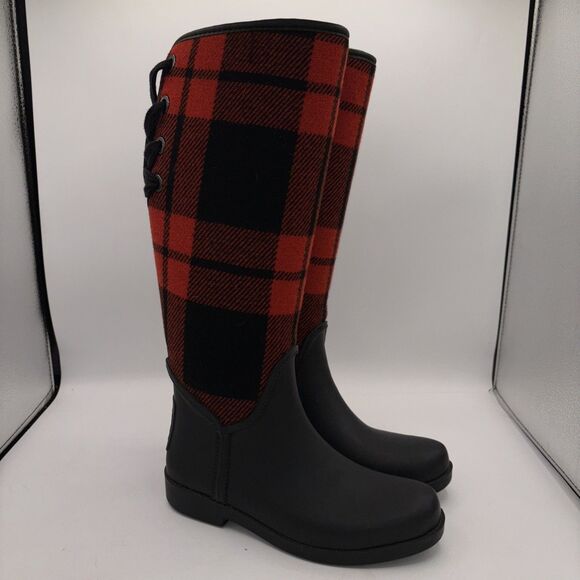 COACH Tristee Red Black Buffalo Plaid Fleece Lined Lace Up Rubber Rain Boots 6B - Picture 1 of 14